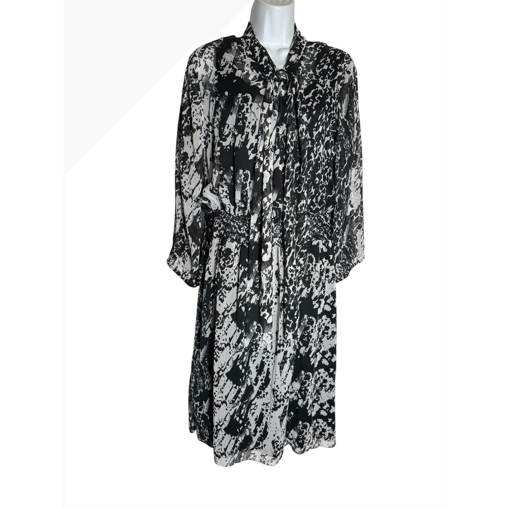 A.A. Studio Dress 22W Black White Abstract Print Tie‎ Neck Long Sleeve Midi 🖤🖤